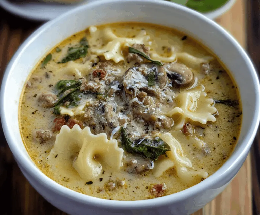 Creamy Alfredo Lasagna Soup in a bowl with melted cheese, pasta, and fresh herbs, ready to serve