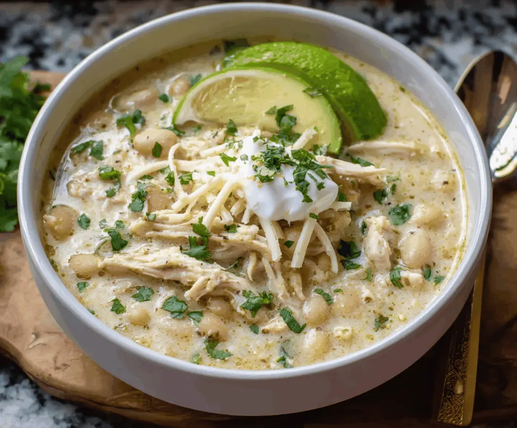 Creamy Crockpot White Chicken Chili in a bowl with fresh toppings, served hot and flavorful