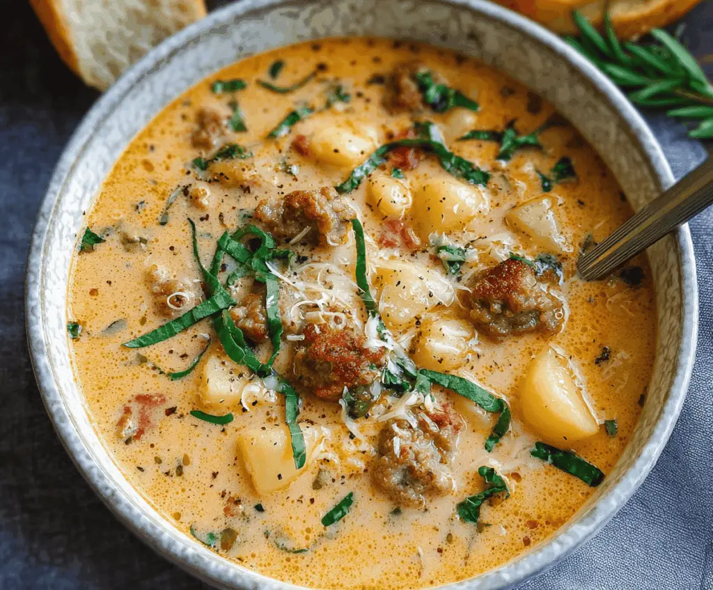 A bowl of creamy Italian sausage and potato soup garnished with fresh herbs, showcasing chunks of sausage, potatoes, and a rich, velvety broth.