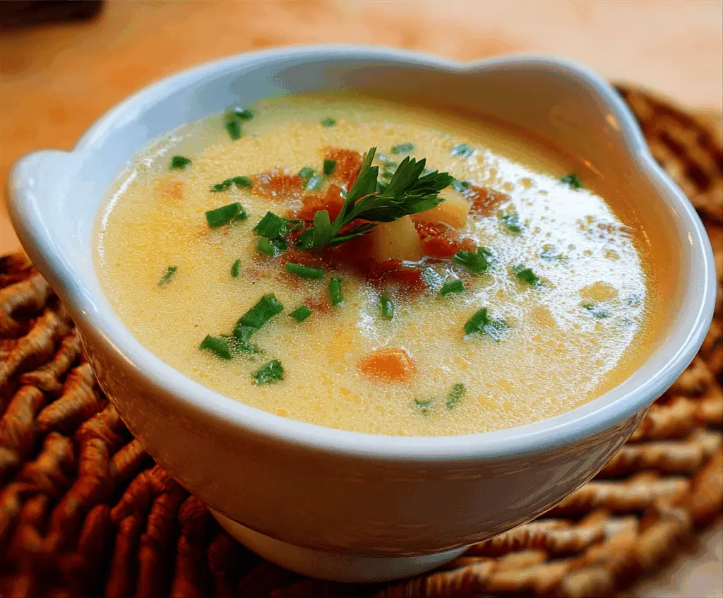 A bowl of creamy potato soup garnished with fresh herbs, served with bread on the side, showcasing a comforting and flavorful appetizer or main course.