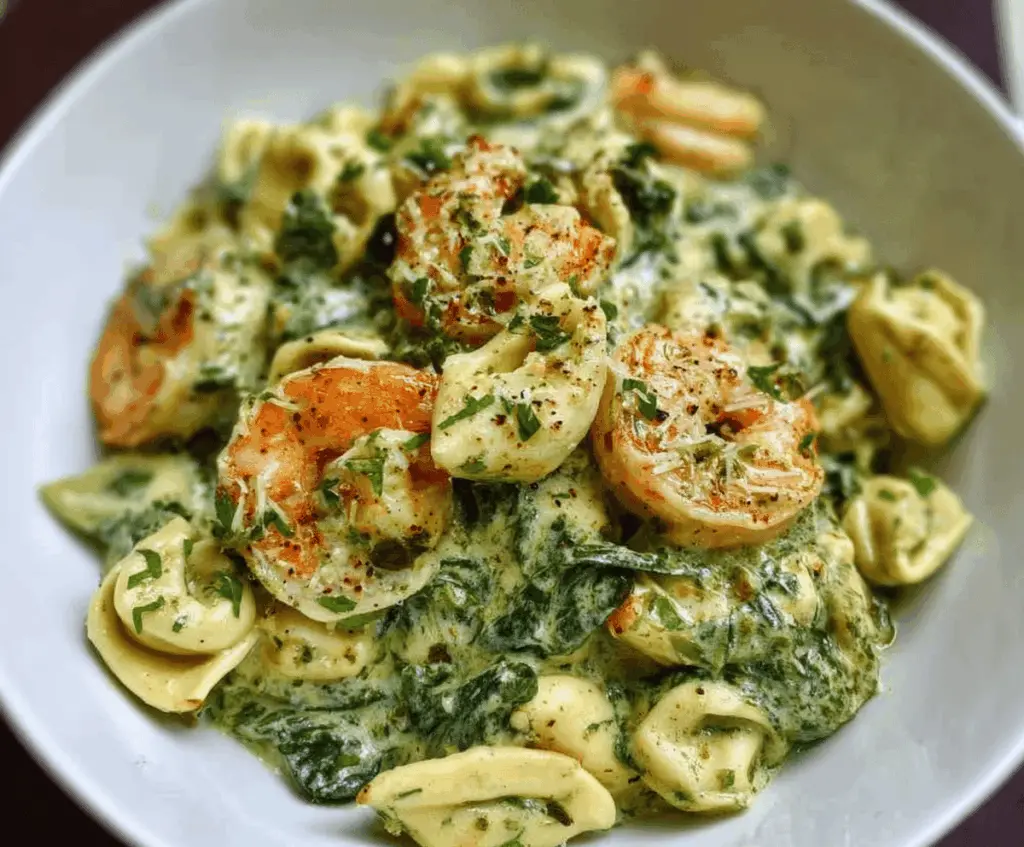 Creamy shrimp and spinach tortellini dish with melted cheese and fresh herbs on a white plate