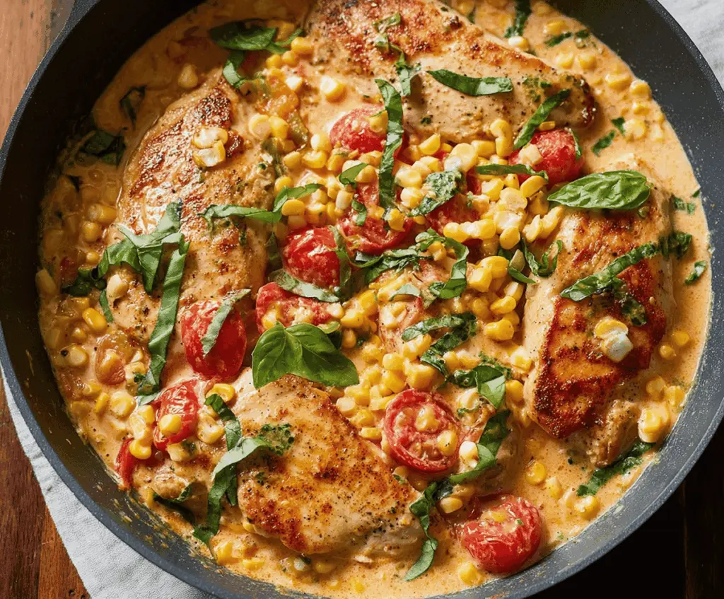 Creamy skillet chicken topped with fresh corn, ripe tomatoes, and basil leaves served on a plate