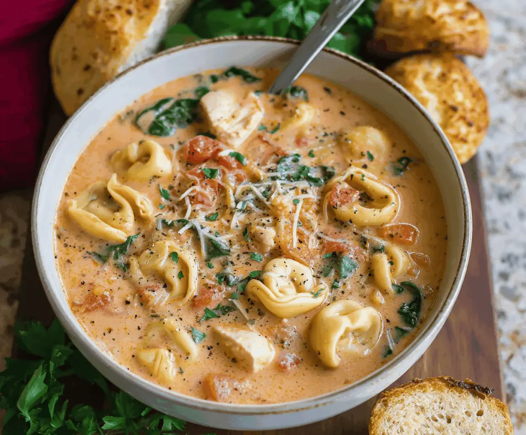 Creamy Tuscan Chicken Tortellini Soup in a bowl garnished with fresh herbs and grated cheese, featuring tender tortellini, chicken, spinach, and sun-dried tomatoes in a rich, creamy broth.