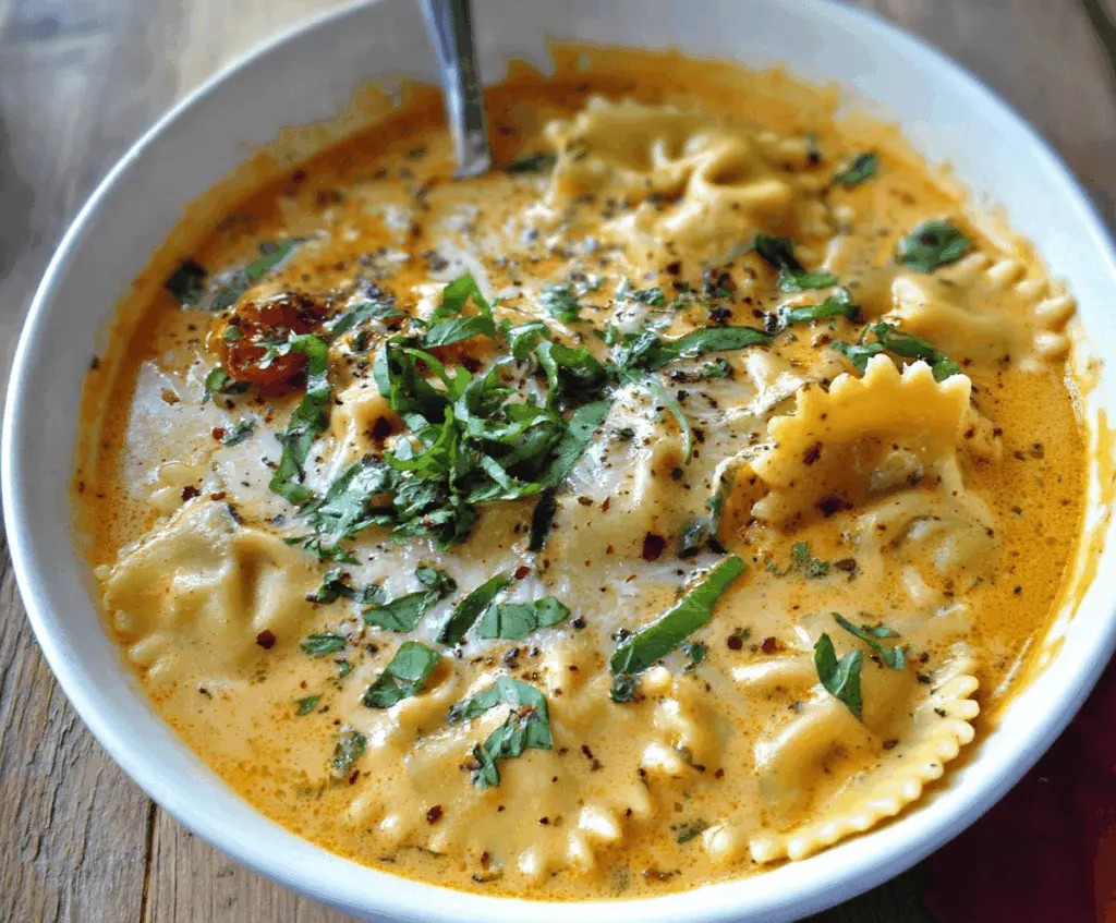 Creamy vegetarian lasagna soup with layers of cheese, spinach, and pasta in a rich broth, served hot in a bowl.