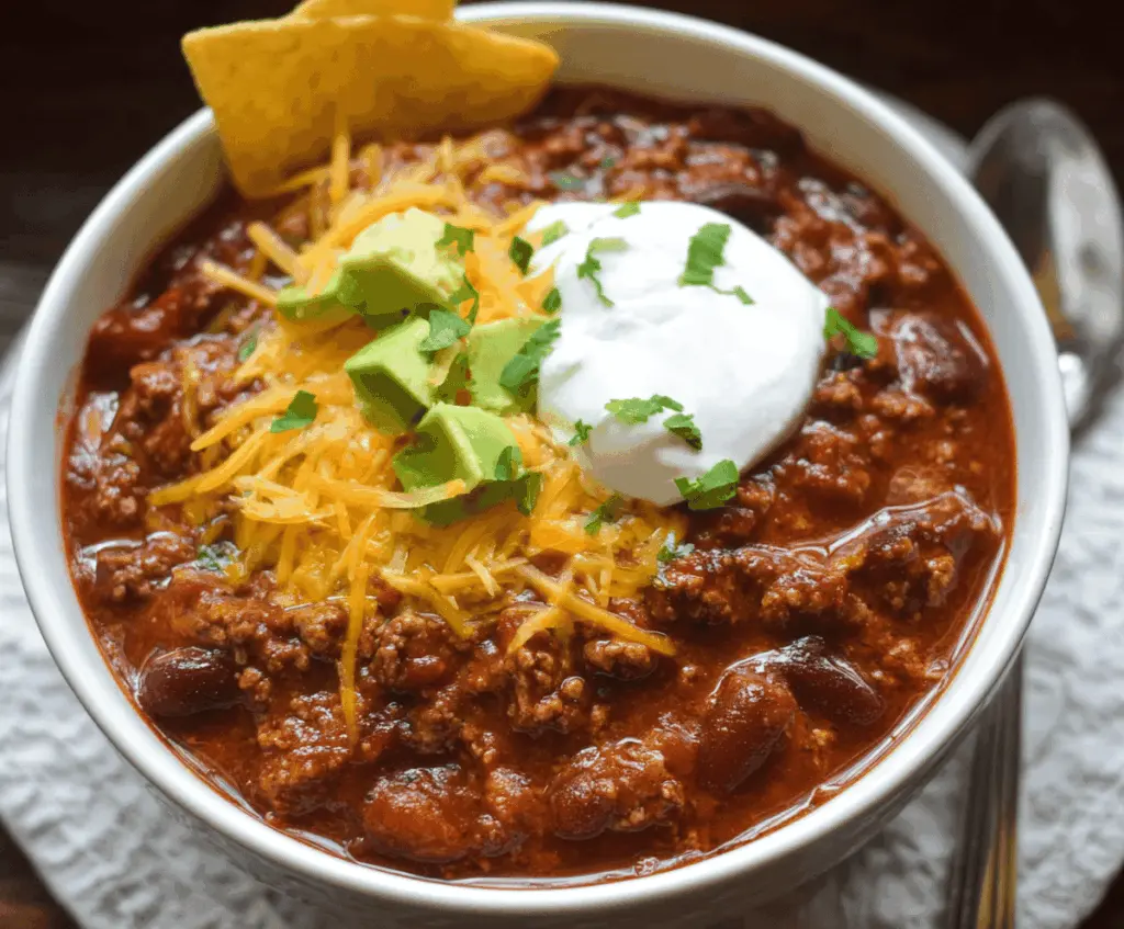Hearty Crockpot Chili with Ground Beef, Beans, and Seasonings in a slow cooker