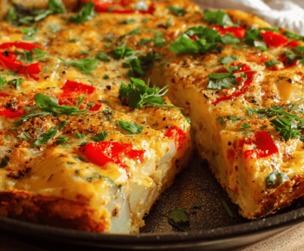 Delicious easy potato and pepper frittata topped with fresh herbs, served on a white plate