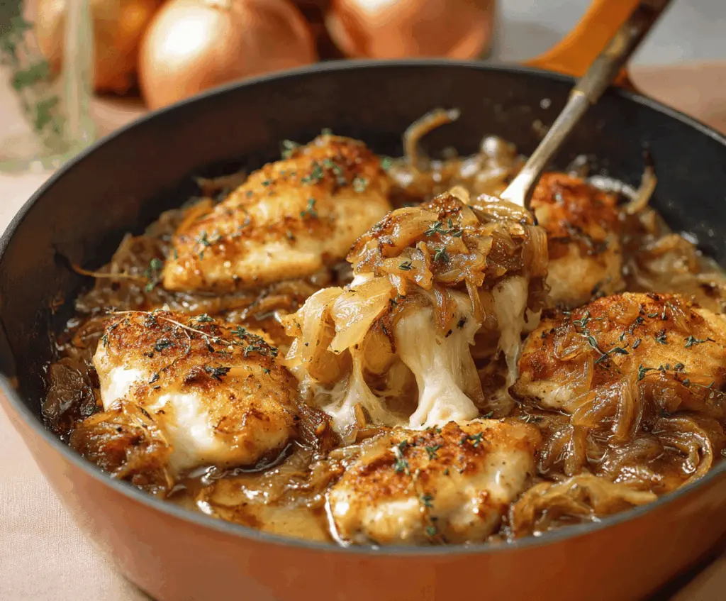 Creamy French Onion Chicken topped with melted cheese and caramelized onions, served with fresh herbs for a flavorful dinner