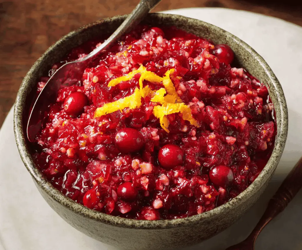 Fresh cranberry-orange relish in a bowl, featuring vibrant red cranberries and orange zest, perfect for Thanksgiving celebrations.