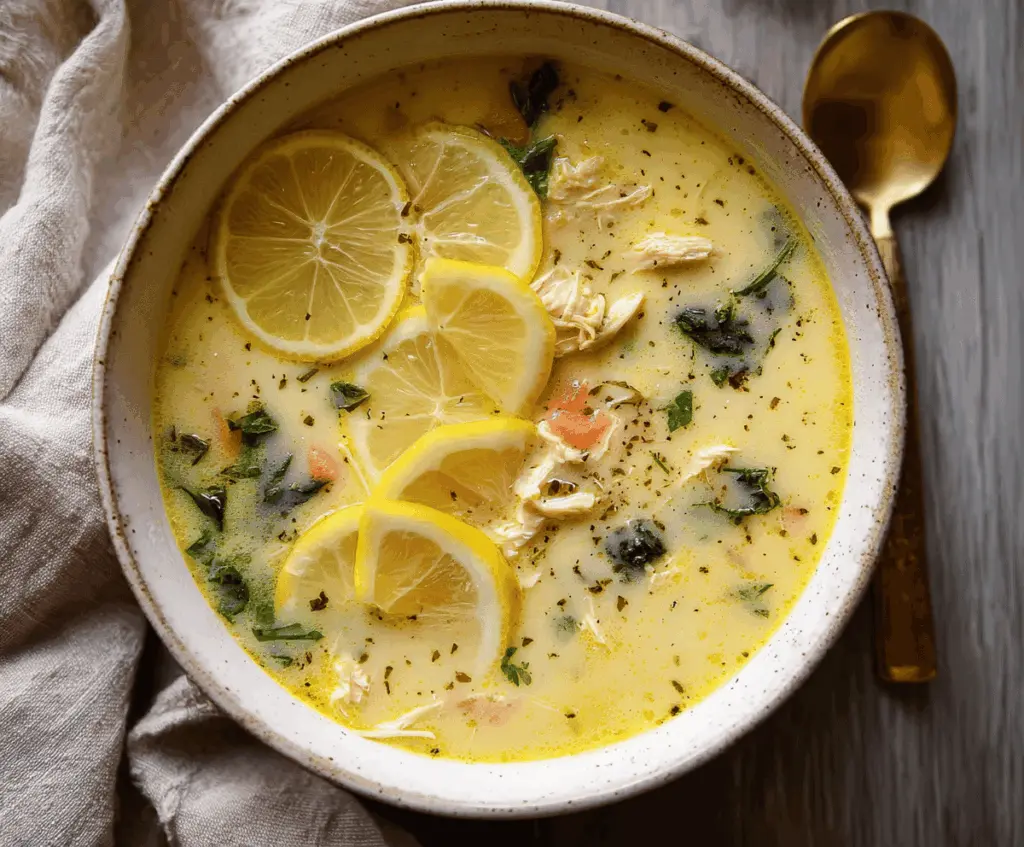 A bowl of warm Greek Lemon Chicken Soup garnished with fresh herbs and lemon slices, served with crusty bread on the side.