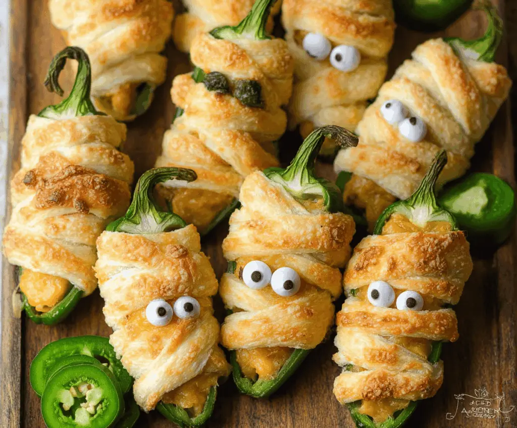 Spooky Halloween Jalapeño Popper Mummies wrapped in puff pastry with sliced olives for eyes on a festive platter