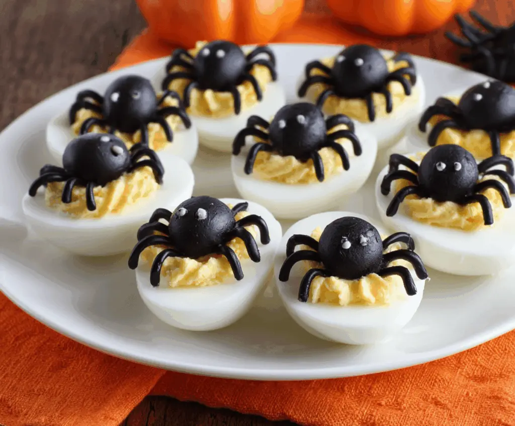 Halloween Spider Deviled Eggs with black olive spider decorations on a festive platter, perfect for Halloween parties.