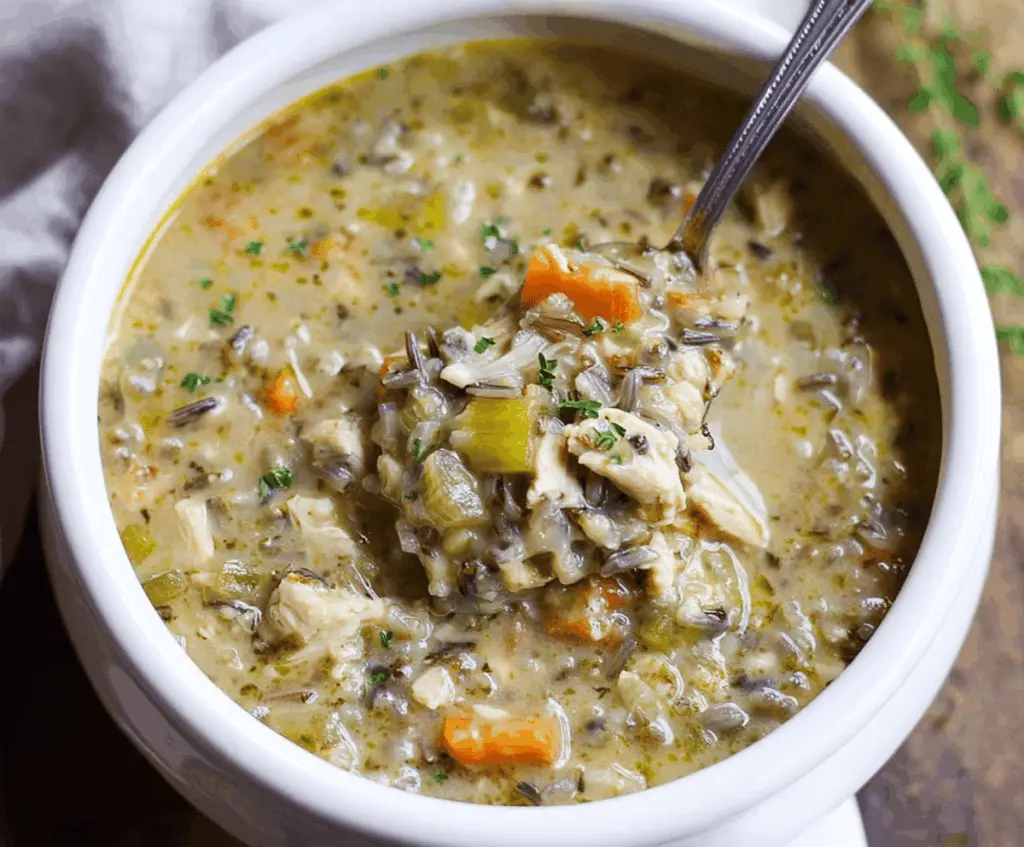A steaming bowl of healthy chicken and wild rice soup garnished with fresh herbs, showcasing tender chicken pieces, wild rice, and vegetables in a savory broth.