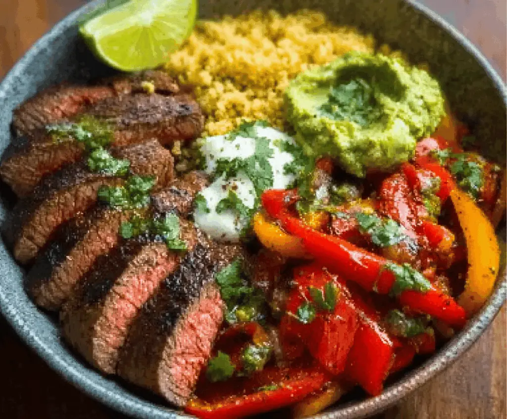 High protein steak fajita bowl with grilled steak, colorful bell peppers, and fresh toppings in a low carb, healthy meal presentation