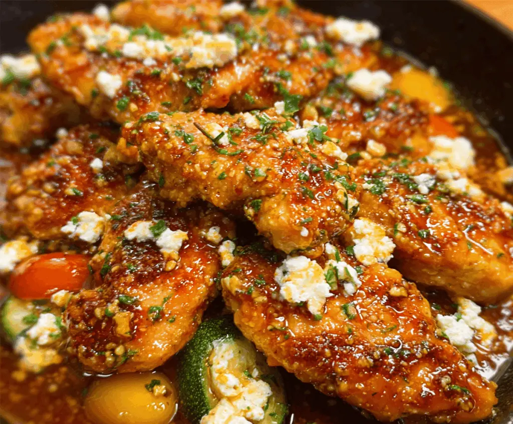 Delicious Hot Honey Feta Chicken served on a plate with fresh herbs and a side of vegetables, showcasing a flavorful and spicy honey-glazed chicken dish.