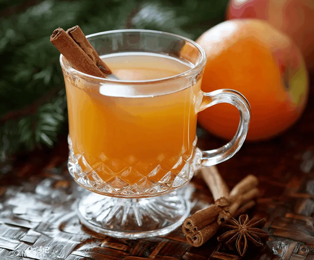 A steaming mug of hot mulled apple cider garnished with cinnamon sticks, orange slices, and cloves, perfect for cozy winter evenings.