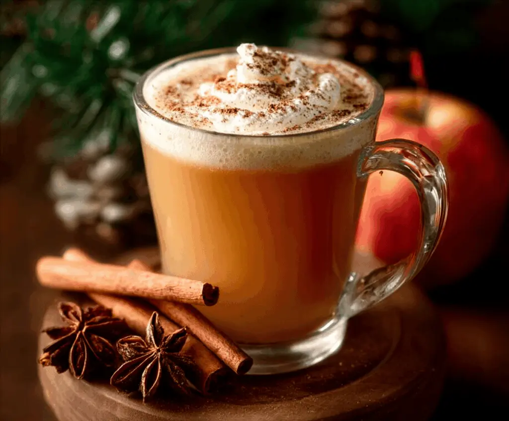 A refreshing iced apple crisp cream chai latte topped with whipped cream and cinnamon, served in a clear glass with ice cubes.