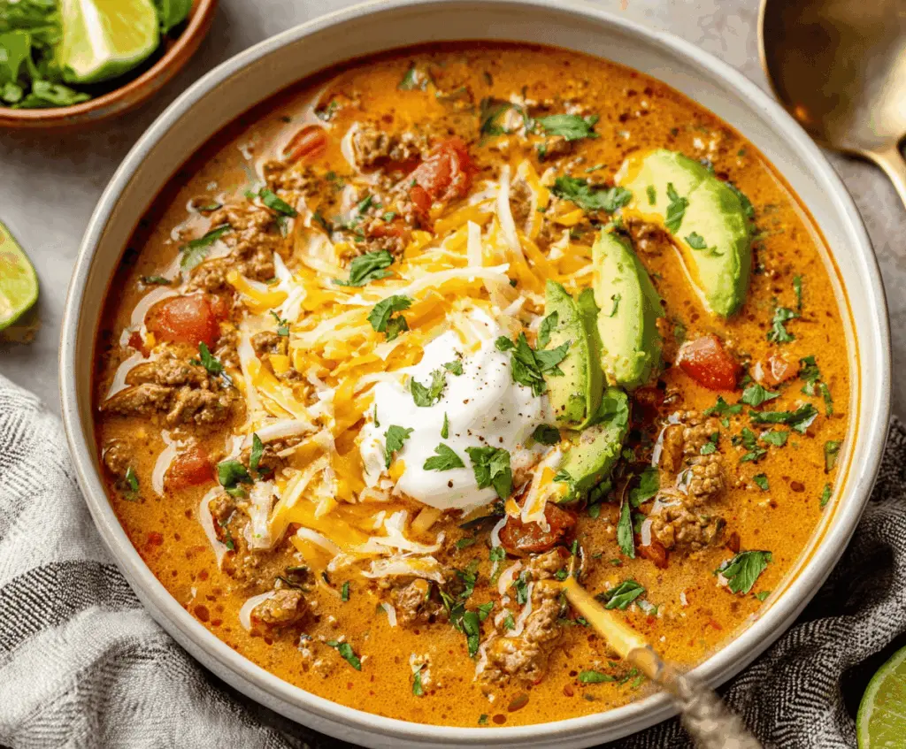 A bowl of flavorful Keto Taco Soup topped with shredded cheese, sour cream, and fresh cilantro, featuring ground beef, diced tomatoes, and spices for a low-carb, high-protein meal.