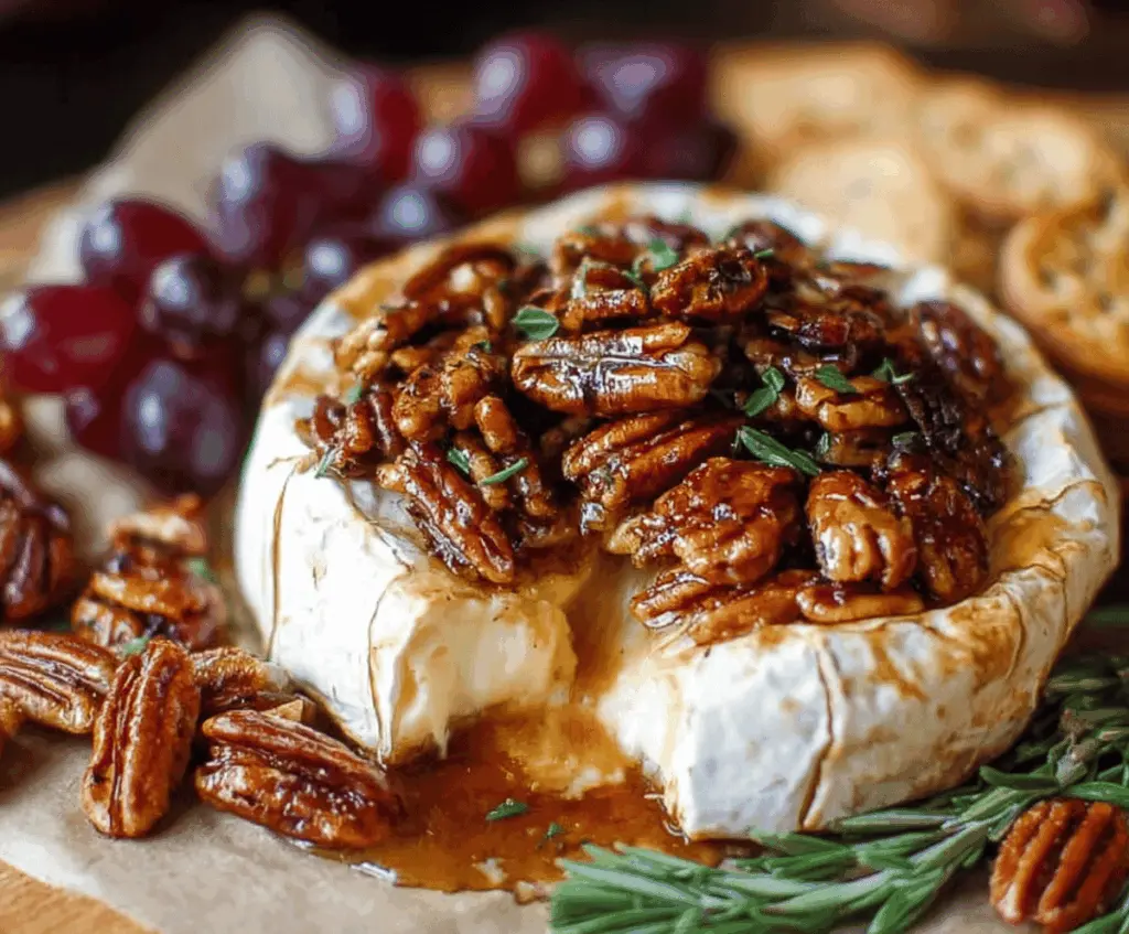 Creamy baked brie topped with caramelized maple pecans and drizzled with honey, served with crackers and fresh fruit for an elegant appetizer.