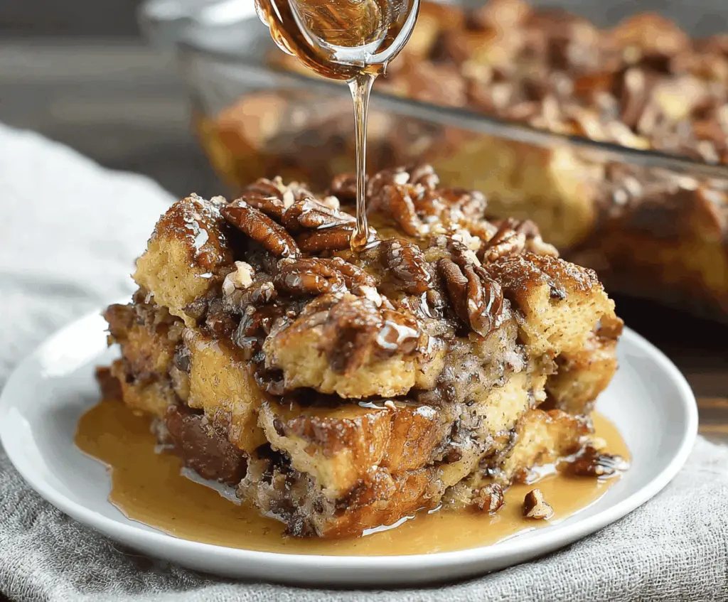 Delicious Maple Pecan French Toast Bake topped with caramelized pecans and drizzled with maple syrup, ready to serve