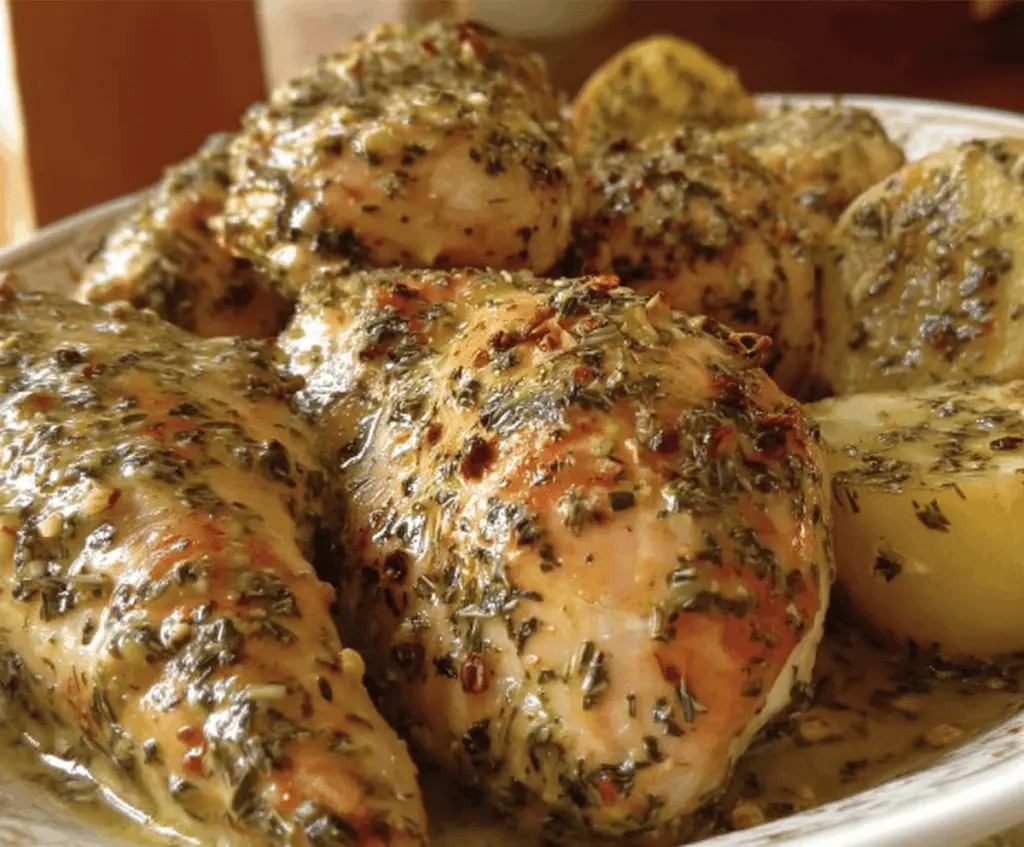 Juicy baked chicken topped with mustard and fresh herbs, served on a plate with lemon wedges and side vegetables, perfect for a flavorful Mustard-Herb Baked Chicken recipe.