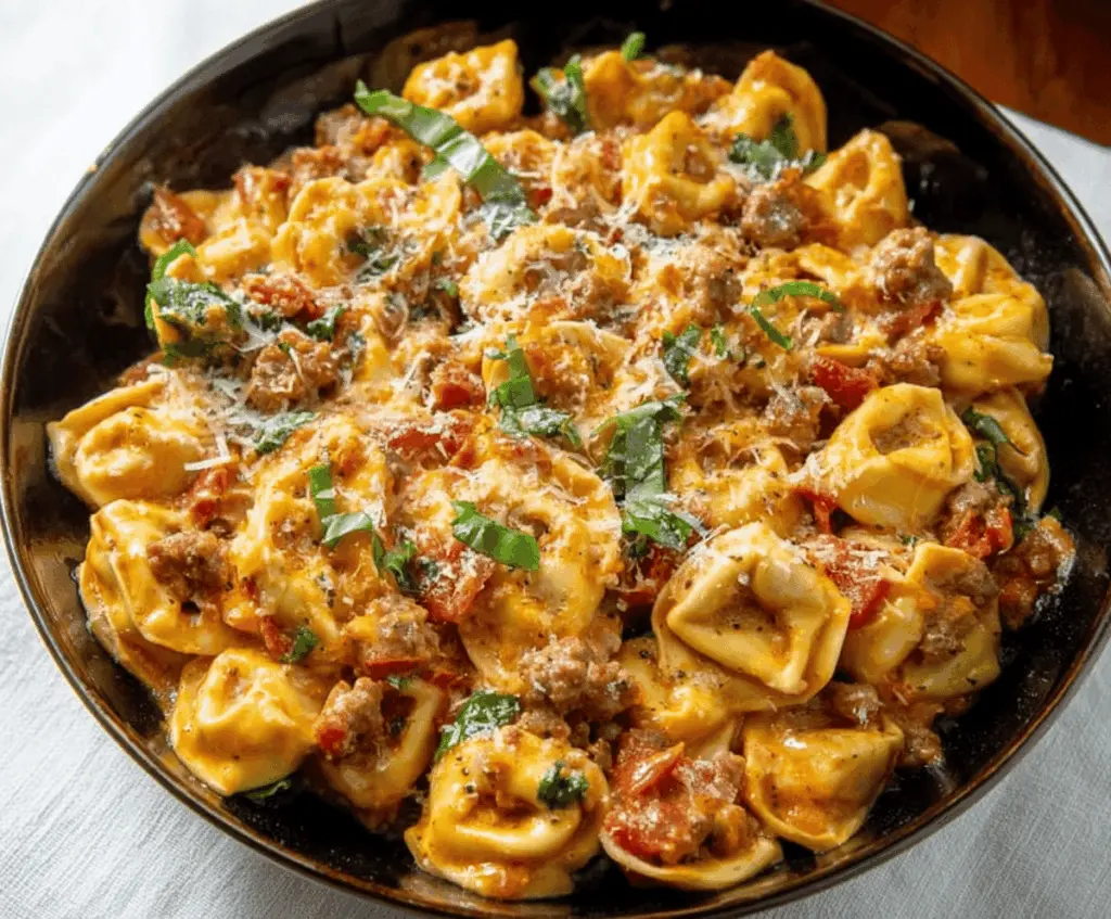 Delicious one-pan tortellini with savory sausage and fresh herbs in a skillet, ready to serve