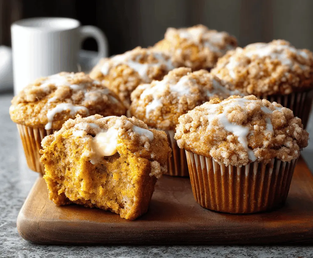 Delicious homemade pumpkin apple streusel muffins with golden crust and cinnamon topping on a baking tray