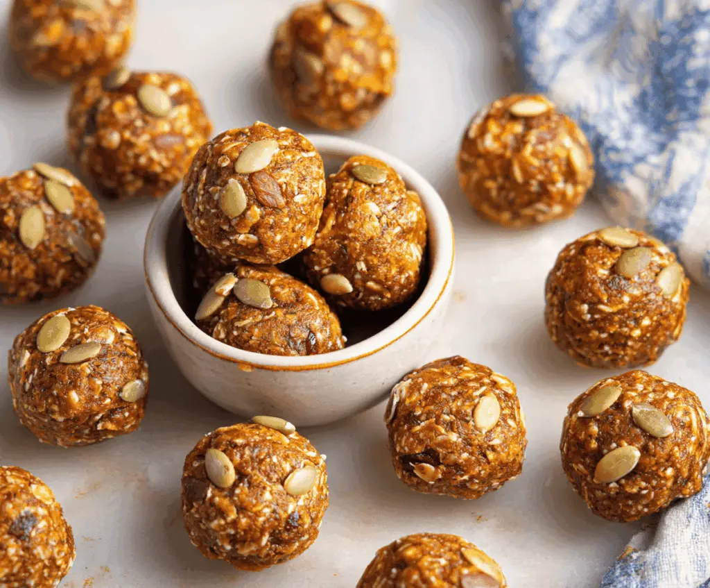 Delicious homemade pumpkin spice energy bites with oats, nuts, and cinnamon, perfect for a healthy snack.