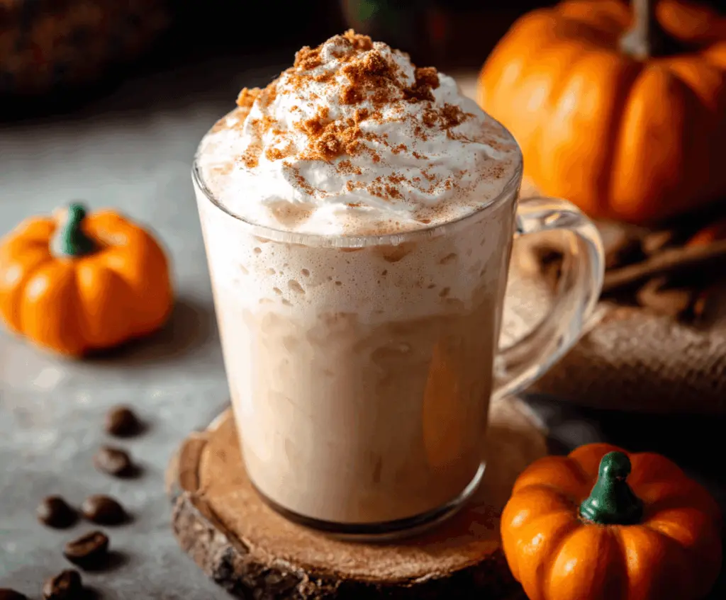 Creamy Pumpkin Spice Latte topped with whipped cream and cinnamon, served in a festive mug, perfect for fall mornings.