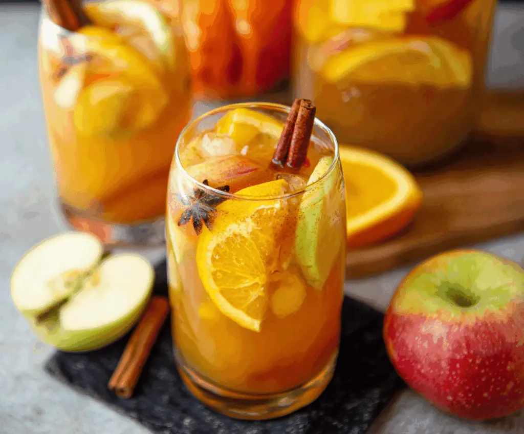 Refreshing Pumpkin Spice Sangria with Citrus slices and apple chunks in a glass pitcher, perfect for fall gatherings