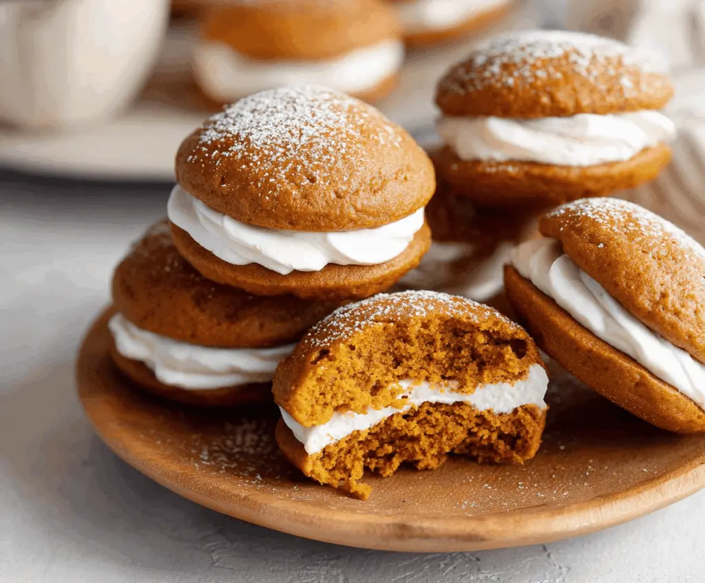 Delicious homemade pumpkin whoopie pies with creamy filling, perfect for fall desserts and holiday treats.