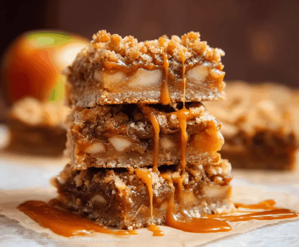 Delicious salted caramel apple bars with a golden crust topped with caramel sauce and sliced apples, perfect for fall desserts
