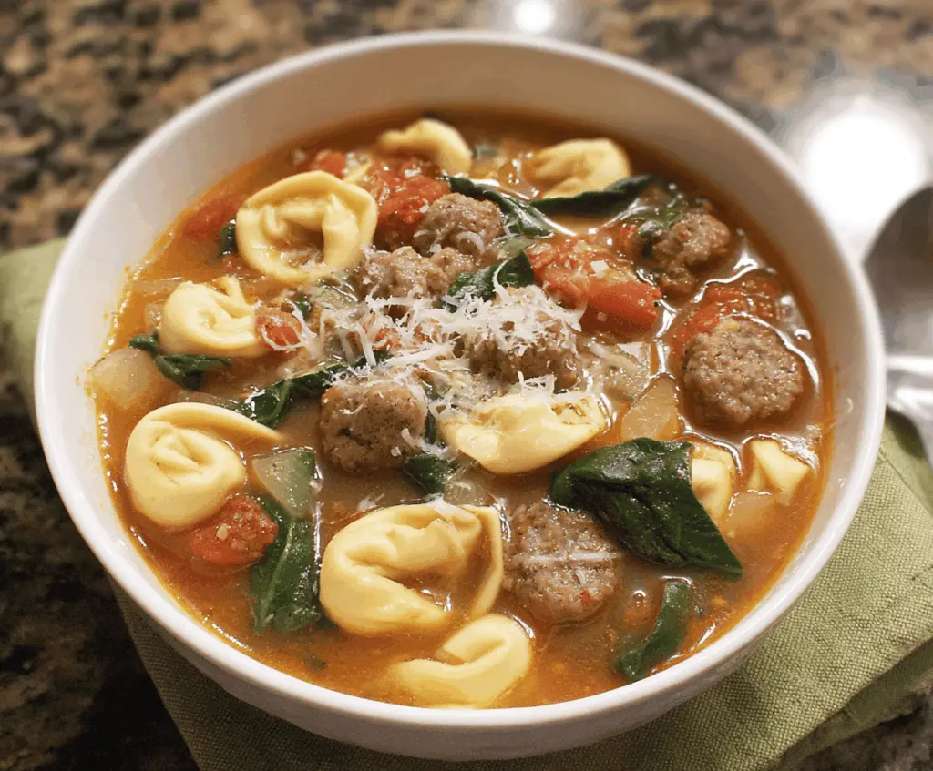 Creamy sausage tortellini soup with spinach and tomatoes in a bowl, garnished with fresh herbs, served hot and ready to enjoy