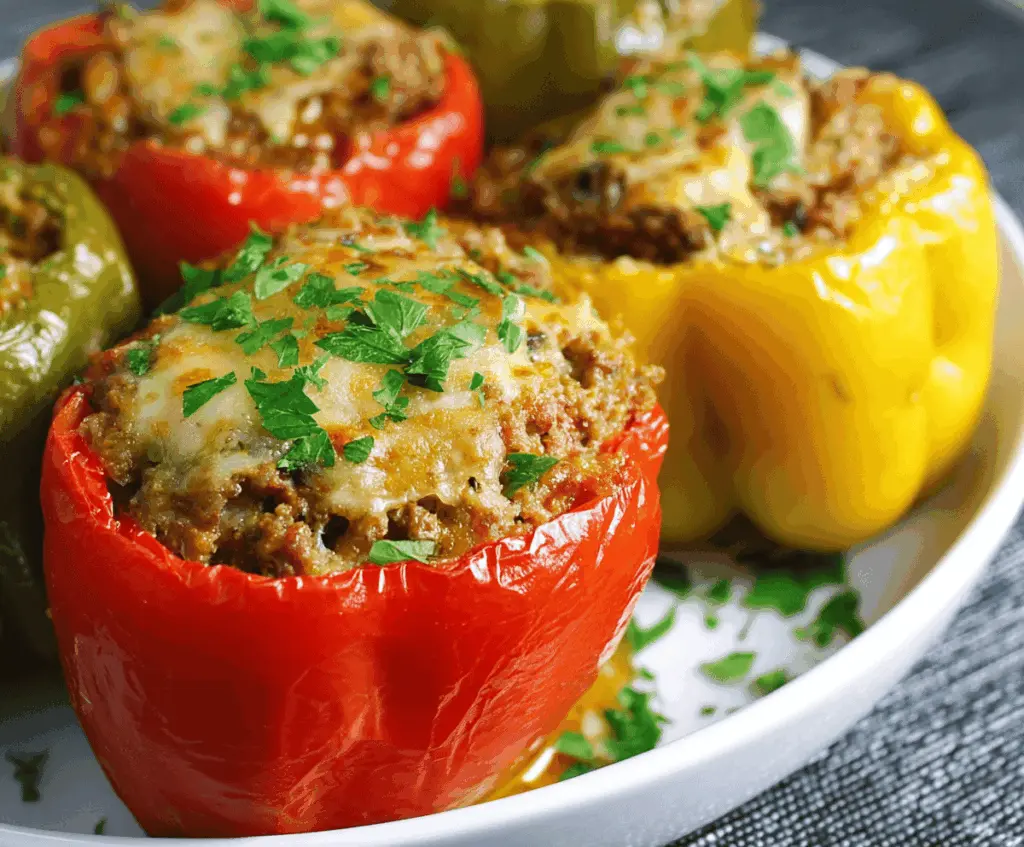 Delicious slow cooker beef stuffed peppers topped with melted cheese and fresh herbs, ready to serve