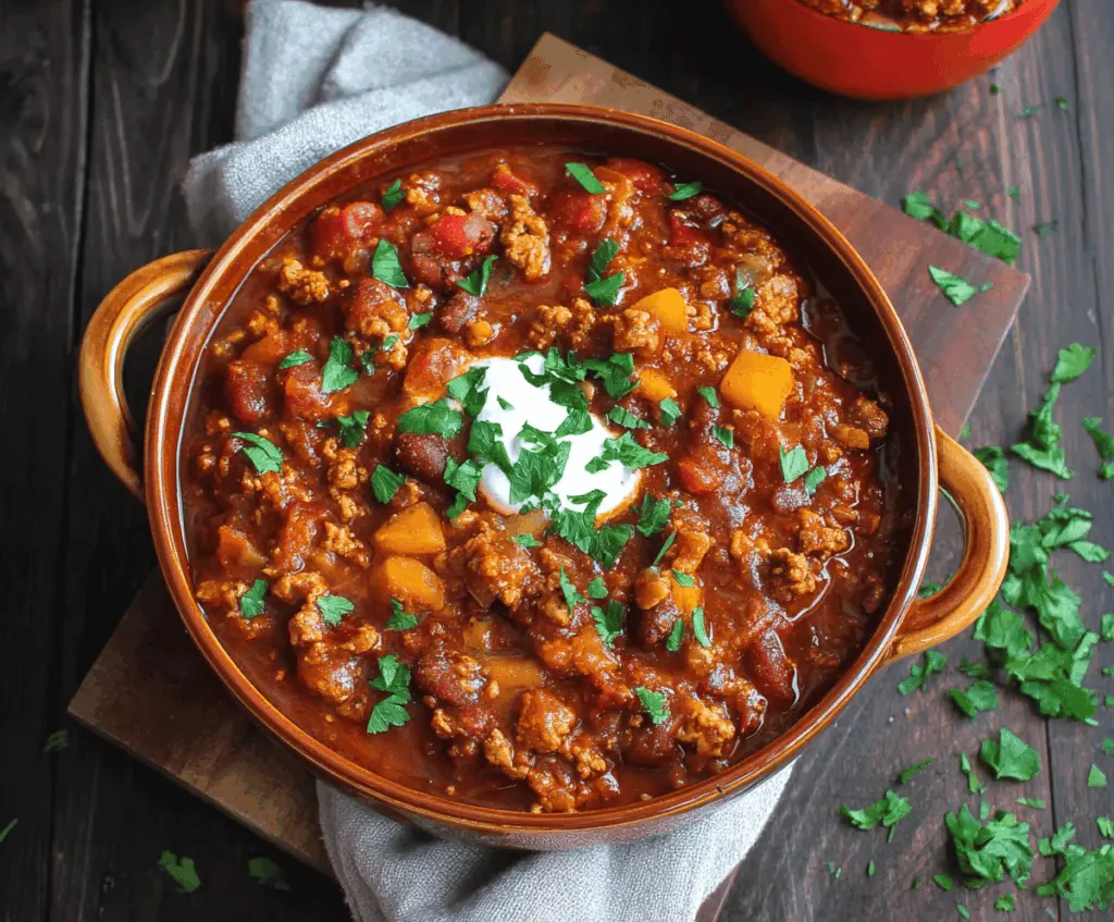 Spicy smoky chipotle turkey chili topped with fresh herbs in a bowl, ready to serve