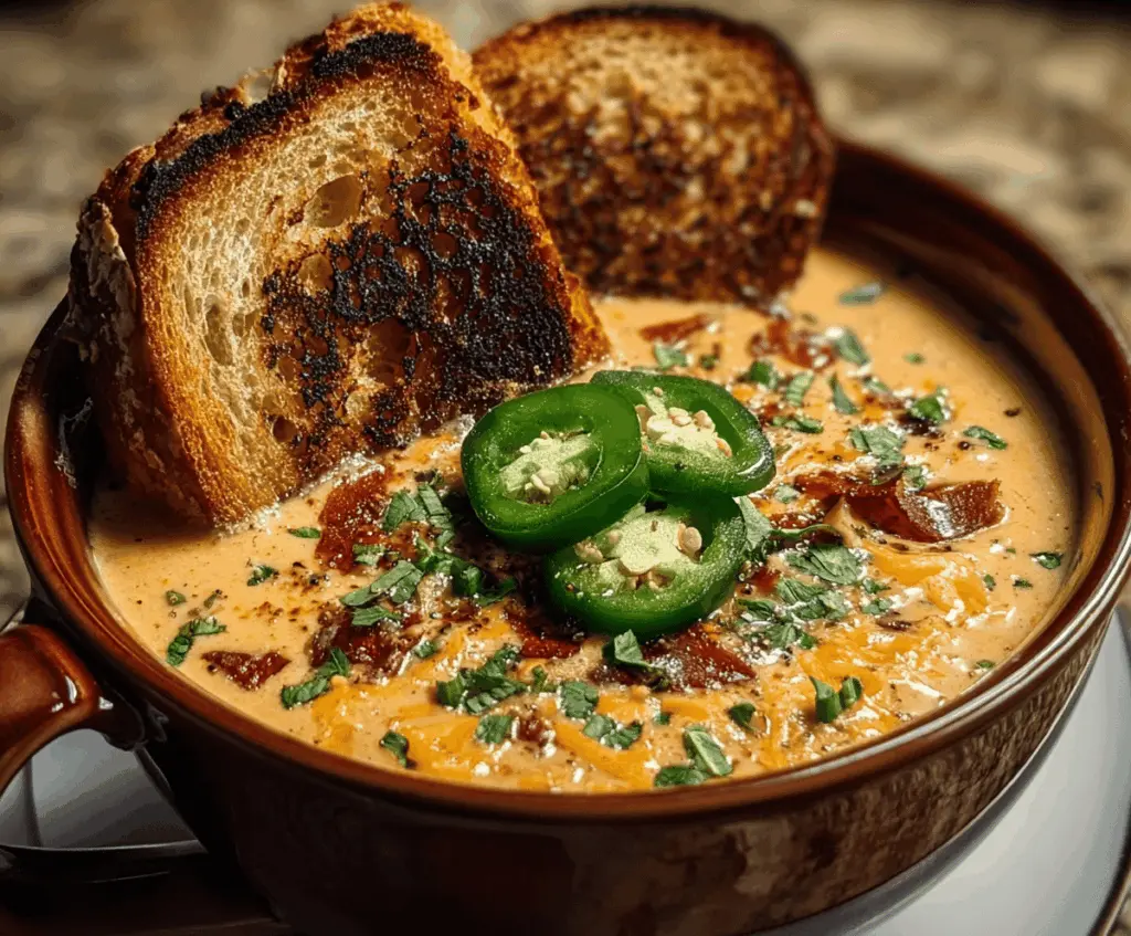 Creamy spicy jalapeño popper soup served with crispy grilled cheese dippers, topped with melted cheese and fresh herbs