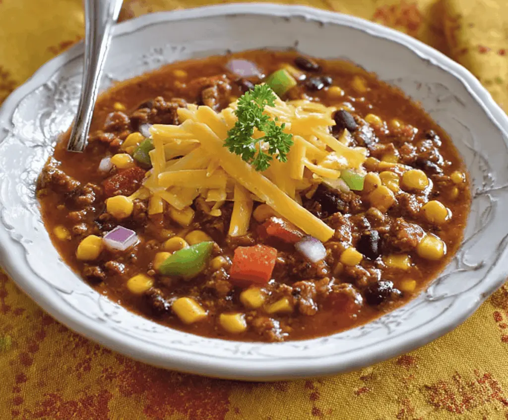 A steaming bowl of spicy Southwest chili filled with colorful corn kernels, red and green peppers, and garnished with fresh herbs, served in a rustic bowl