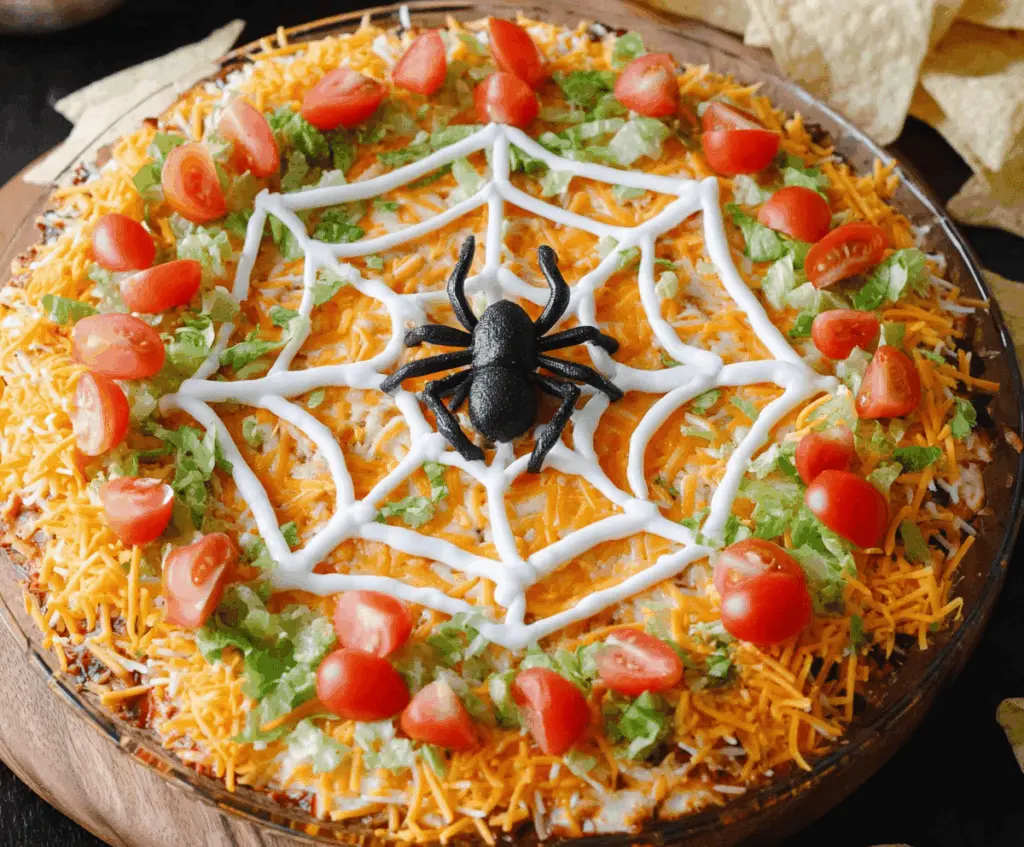 A festive spiderweb taco dip topped with black olives and sour cream spider design, perfect for Halloween parties.