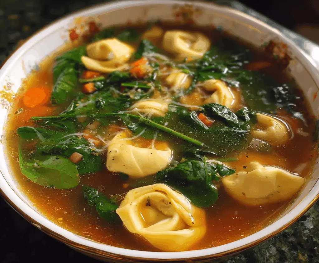A bowl of delicious spinach tortellini soup garnished with fresh herbs, showcasing tender tortellini, vibrant spinach, and a savory broth.