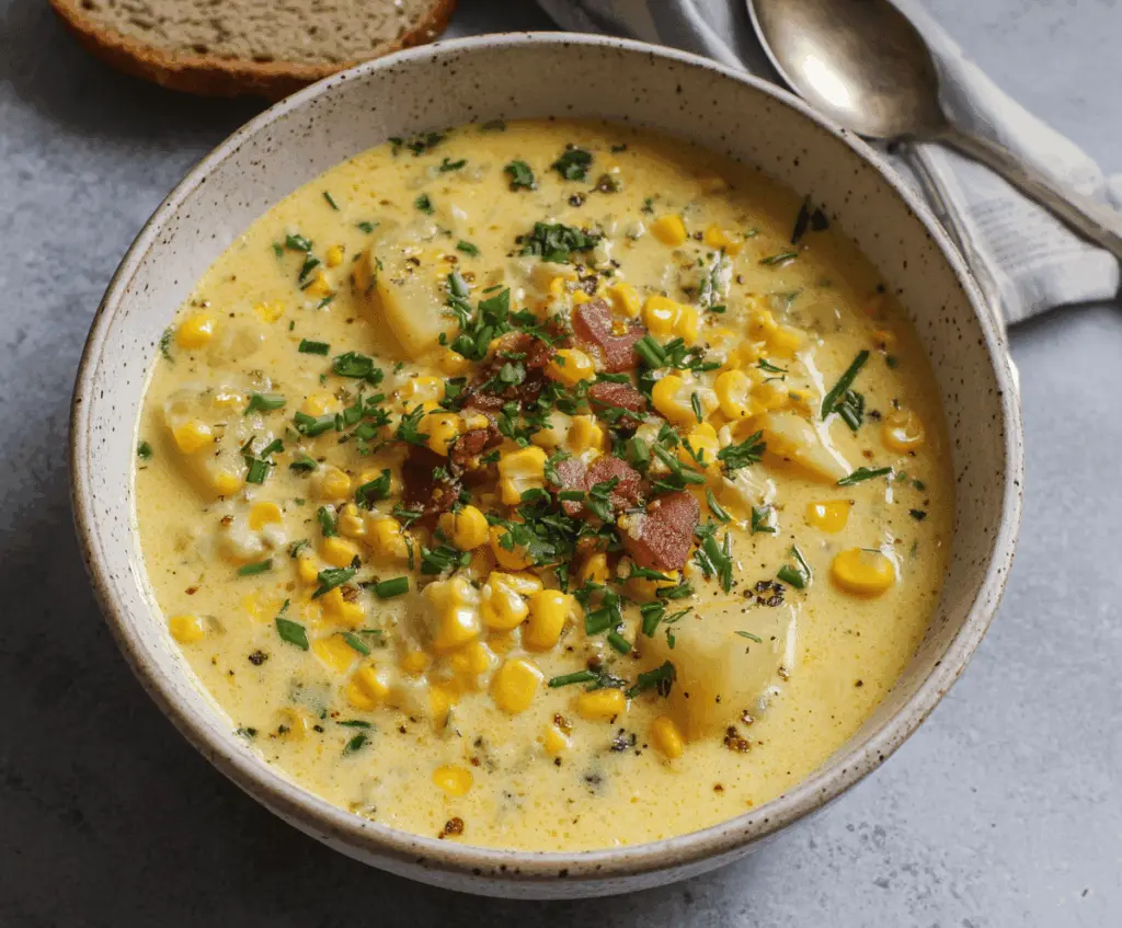 Creamy sweet corn and potato chowder in a bowl topped with fresh herbs, served with crusty bread on a rustic table.