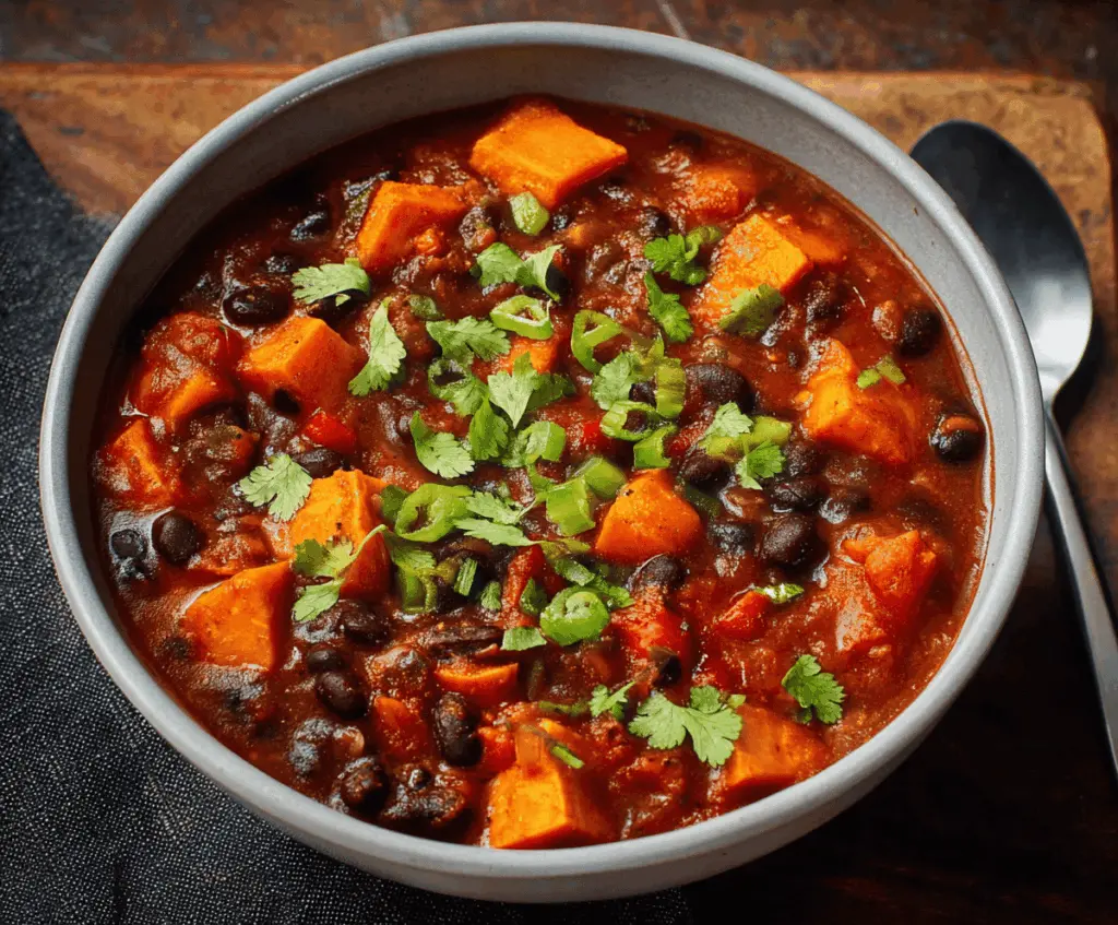 Hearty sweet potato and black bean chili in a bowl topped with fresh cilantro and diced avocado, served with a side of cornbread