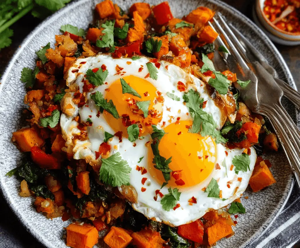 Colorful sweet potato breakfast hash with scrambled eggs, fresh herbs, and vibrant vegetables, perfect for a nutritious morning meal.