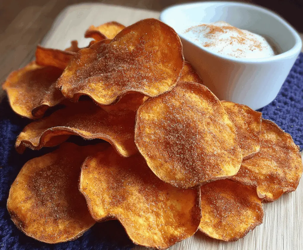 Delicious homemade sweet potato chips sprinkled with cinnamon and sugar, perfect for a sweet and crispy snack.