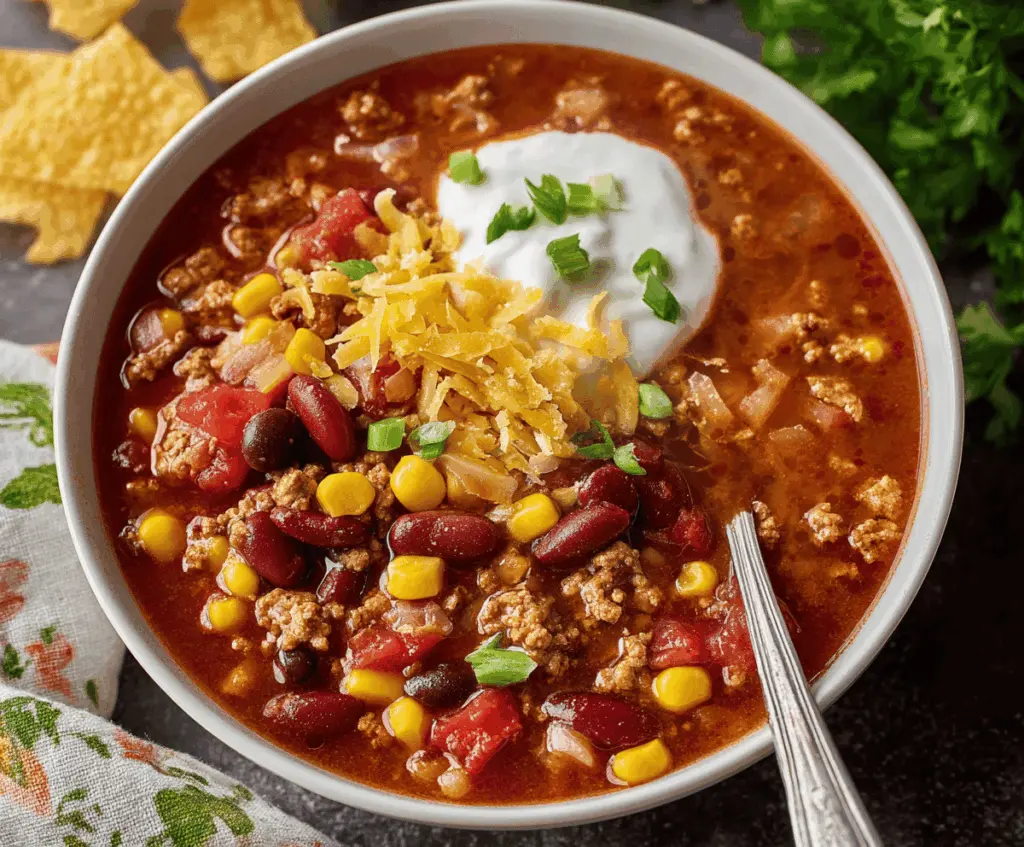 Delicious and hearty Taco Soup served in a bowl with fresh toppings, perfect for a comforting meal.