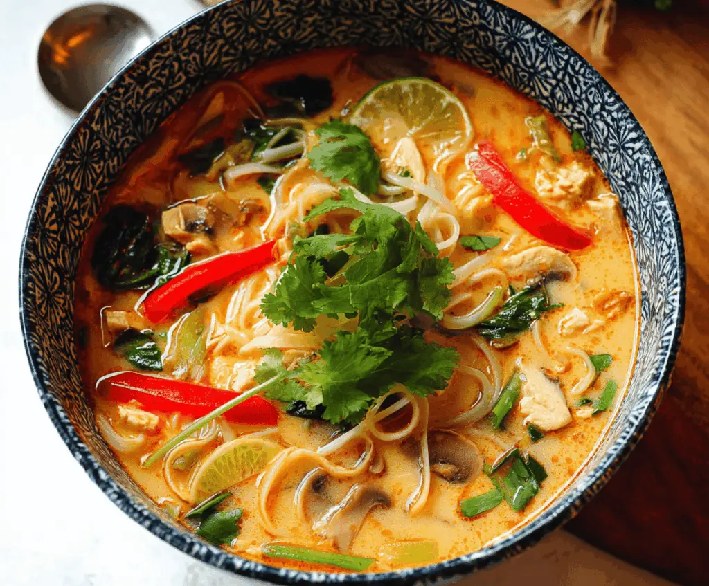 A steaming bowl of Thai chicken noodle soup garnished with fresh herbs, lime, and chili peppers, showcasing tender chicken, rice noodles, and vibrant vegetables in a flavorful broth.