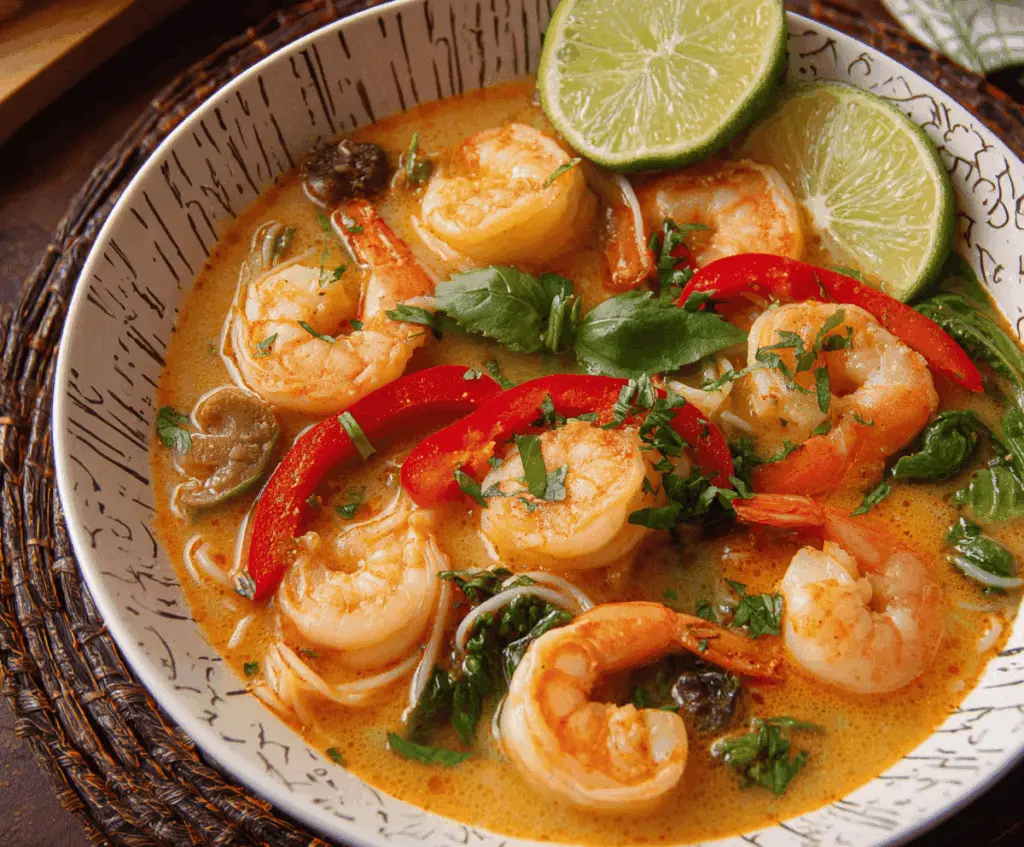 A steaming bowl of Thai shrimp soup garnished with fresh herbs, lime wedges, and colorful vegetables, served in a traditional bowl.