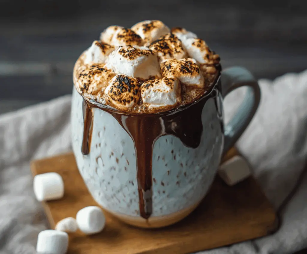 A cozy cup of toasted marshmallow hot cocoa topped with whipped cream and toasted marshmallows, served with a cinnamon stick on a rustic wooden table.