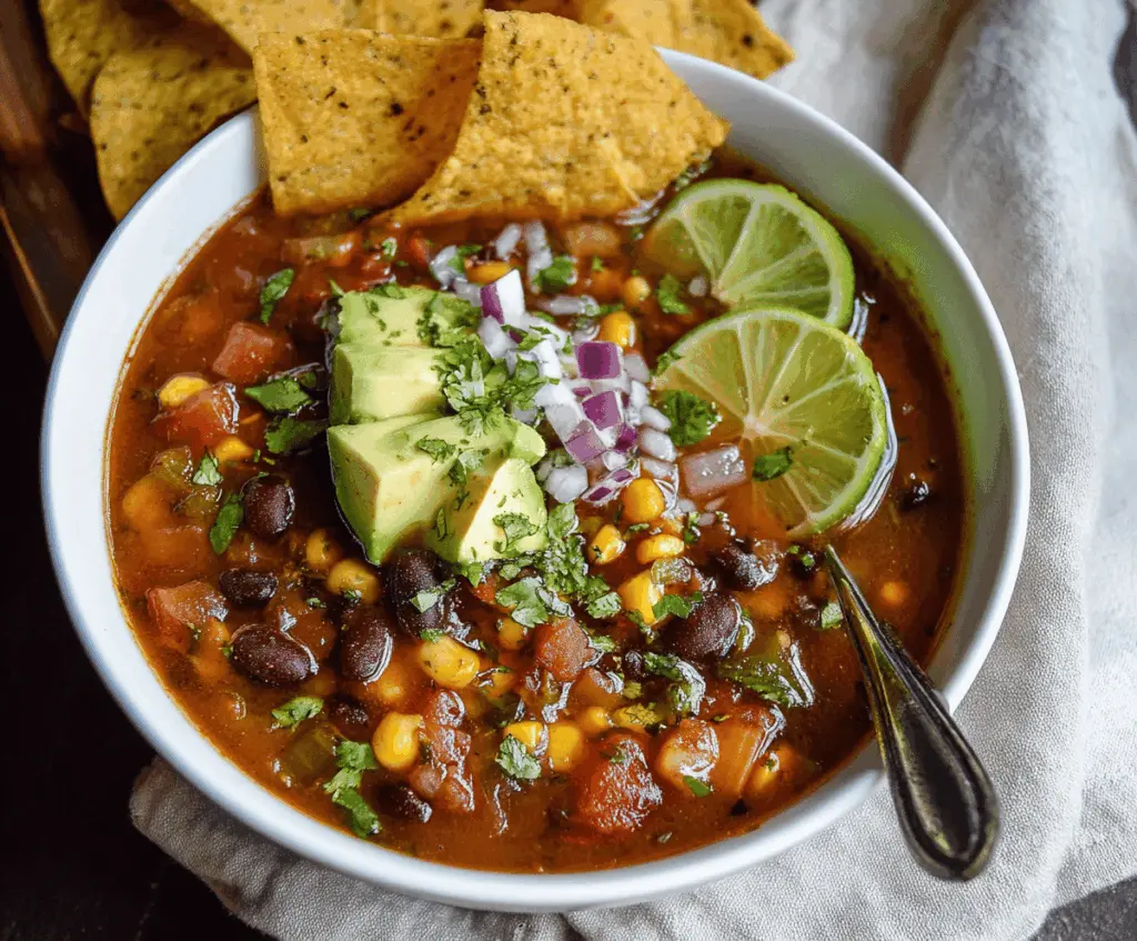 Delicious vegetarian taco soup with fresh vegetables, black beans, corn, and flavorful spices served in a bowl