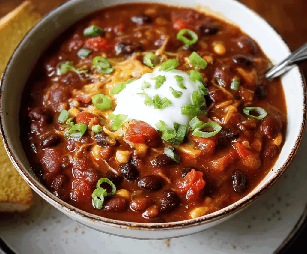 Colorful vegetarian three-bean chili in a bowl topped with fresh cilantro and diced tomatoes, served with tortilla chips on the side.