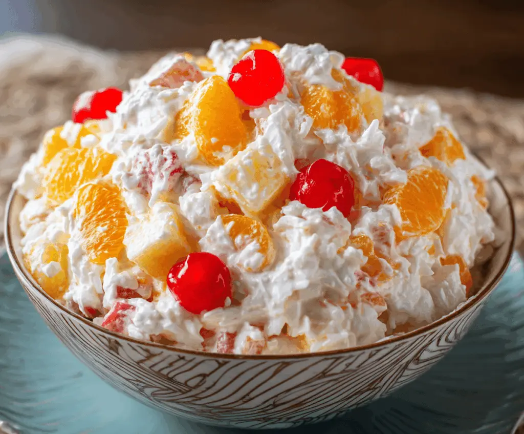Delicious Ambrosia salad with whipped cream, marshmallows, and fresh fruits in a glass bowl perfect for holiday dessert.