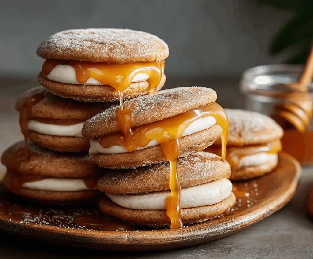 Delicious Apple Cider Whoopie Pie Cookies filled with creamy frosting and topped with caramel drizzle on a rustic wooden surface